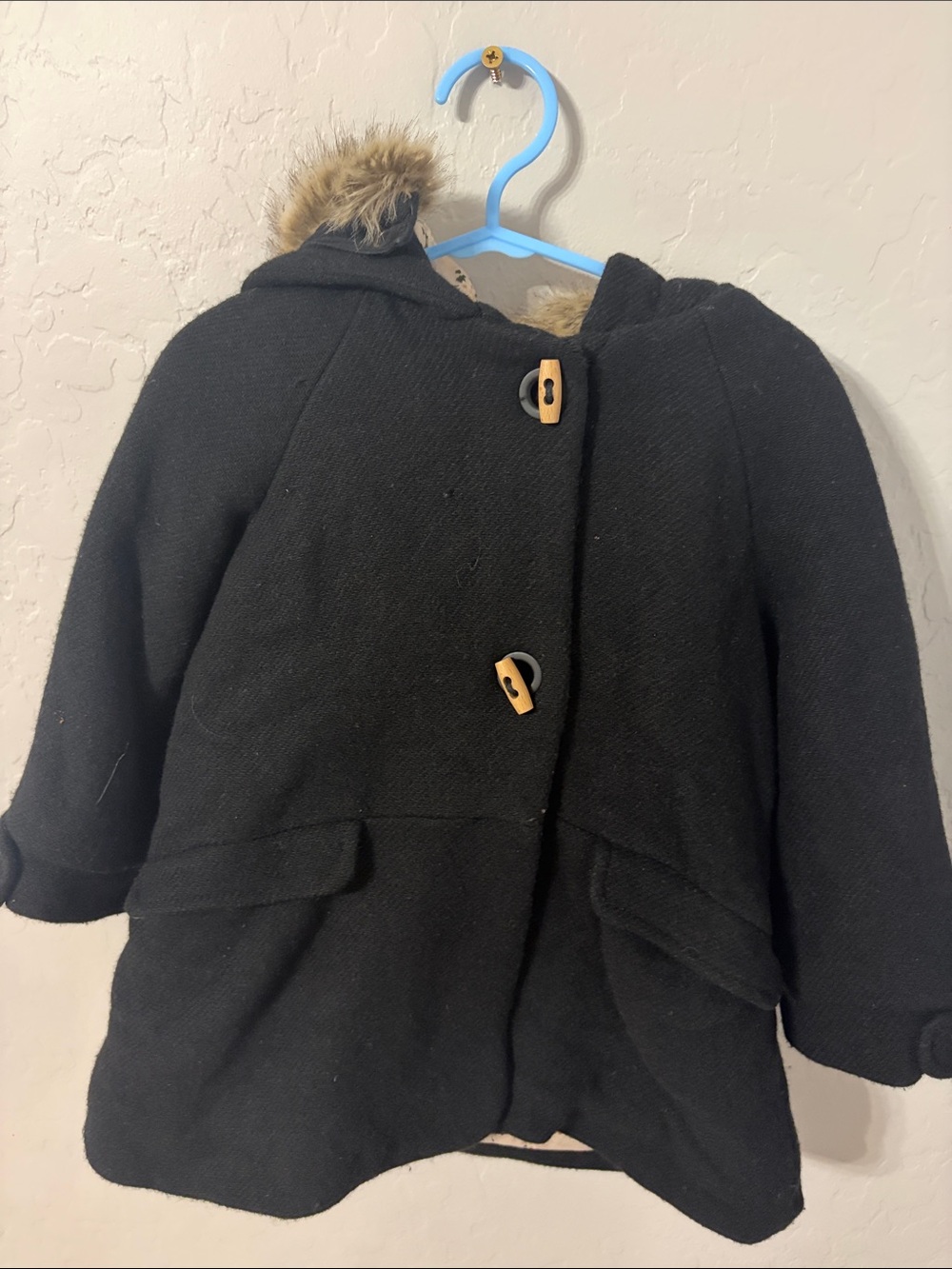 Zara Black Hooded Kids Pea Coat with Faux Fur Trim